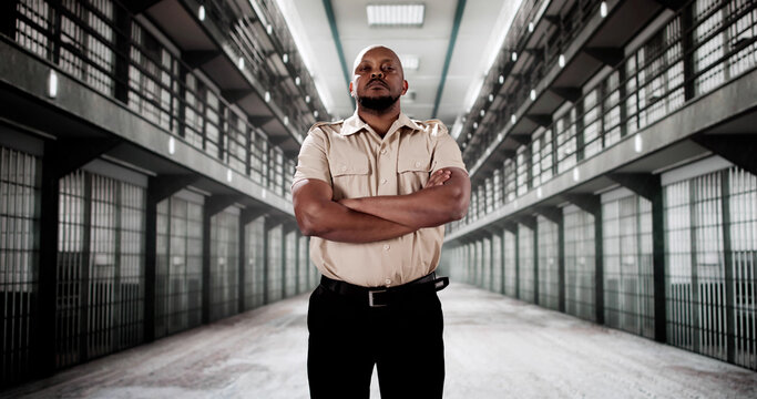 Serious African American man, prison guard, uniform