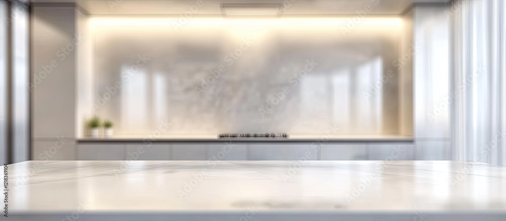 Leinwandbilder empty white table in blurred modern kitchen interior with soft lighting and minimal decor creating s