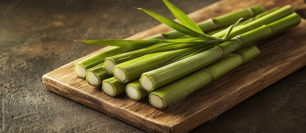 Poster vibrant green bamboo shoots arranged neatly on a rustic wooden board with textured background showca
