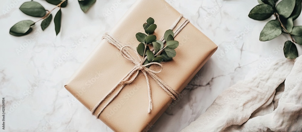 Poster elegant beige gift box adorned with twine and greenery positioned centrally on a light marble backgr