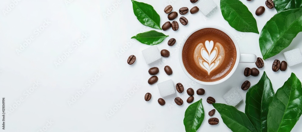 Poster coffee cup with latte art surrounded by fresh green leaves coffee beans and sugar cubes on a white b