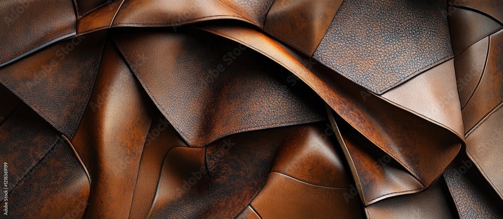 Poster Futuristic brown leather fabric with a rich 3D patchwork texture arranged in flowing waves creating an innovative design for fashion applications
