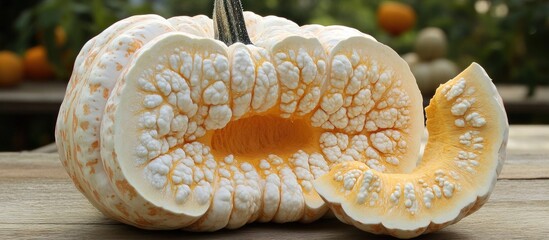 Stunning albino pumpkin on wooden table with variegated skin and ribbed texture, cut open to reveal vibrant orange interior, outdoor backdrop.