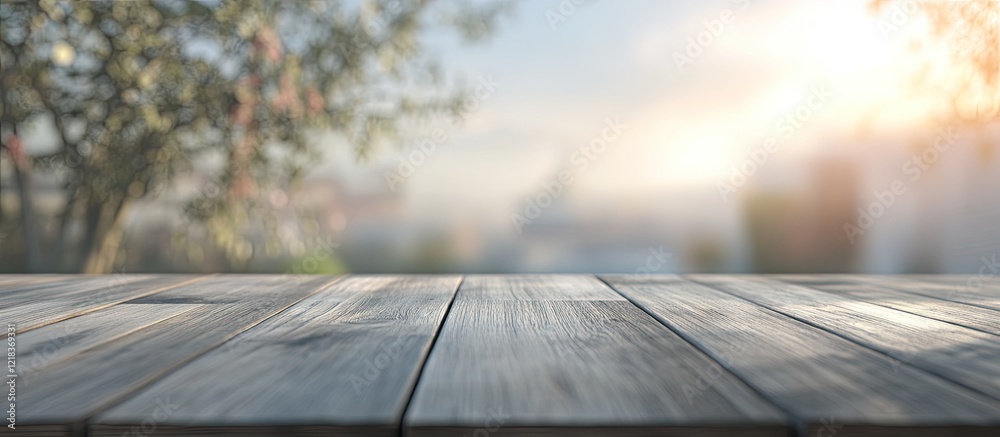 Poster Empty wooden table top with gray planks positioned in the foreground against a softly blurred sky backdrop featuring warm sunlight and greenery
