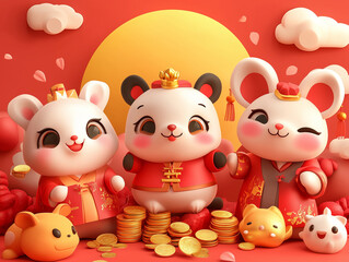 A whimsical Chinese New Year red background vector featuring cute cartoon animals like a rabbit and a dragon, both wearing festive outfits. They are surrounded by red envelopes and gold coins, with a 