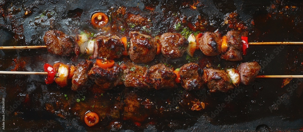 Poster grilled beef skewers with vibrant bell peppers and onions on wooden sticks positioned centrally on a