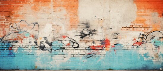 Colorful abstract urban graffiti wall art with orange, blue, and black accents on distressed white brick background creating a vibrant visual texture.