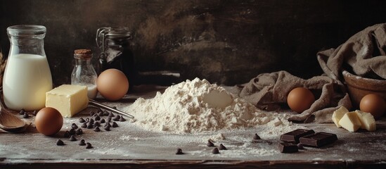 Baking ingredients on rustic wooden table with flour milk eggs butter and chocolate chips in organized arrangement ideal for culinary creativity