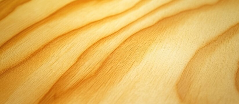 Closeup of smooth unfinished wood texture featuring light golden hues and flowing grain patterns with subtle waves across the surface.