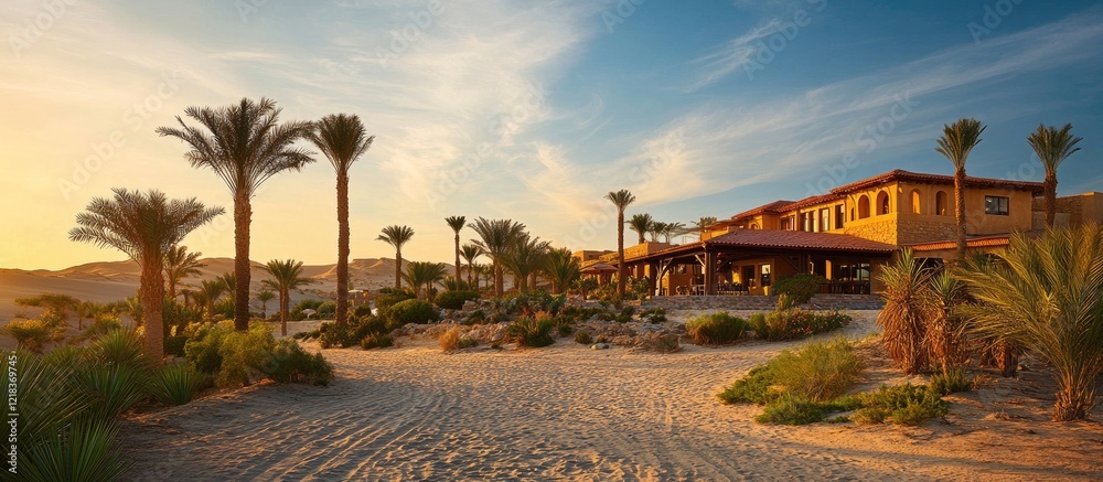 Aufkleber tranquil desert beach resort with golden sunset and palm trees lush greenery inviting relaxation ser