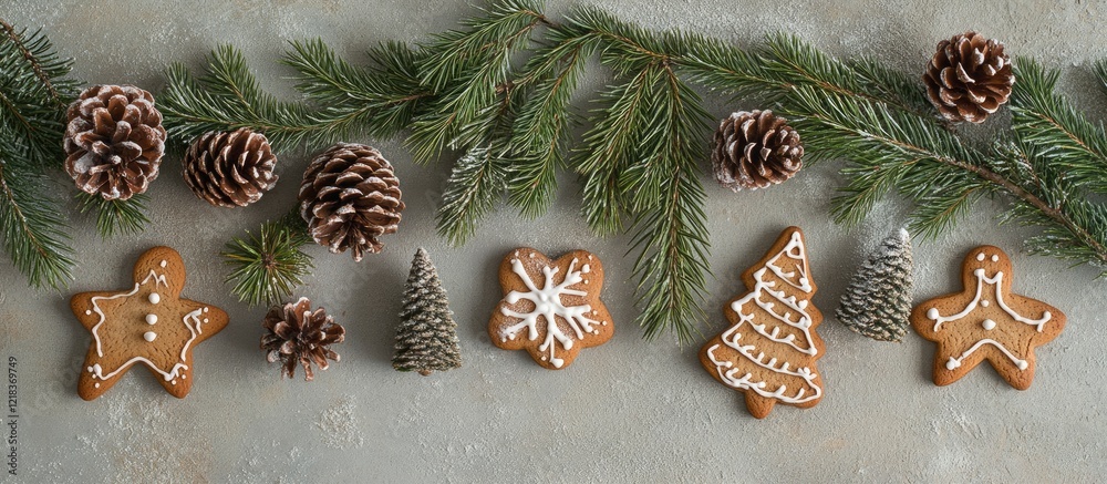 Poster festive holiday background with green fir branches on a light surface accented by gingerbread cookie