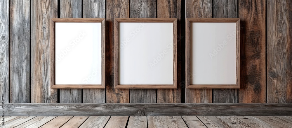 Leinwandbilder wooden wall background featuring three empty wooden frames arranged horizontally, providing an ideal