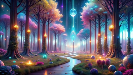 Enchanted Luminescent Grove A Serene Path Through a Dreamlike Forest with Glowing Trees and Mystic Orb Illuminations