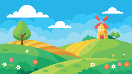 Naklejka premium Sunny Countryside with Windmill - Bright and Picturesque Rural Landscape in Vector Art