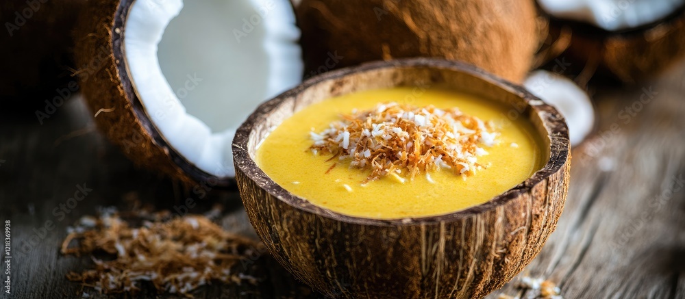 Poster Coconut curry sauce served in a halved coconut shell with a rich golden color topped with shredded coconut and set on a rustic wooden table
