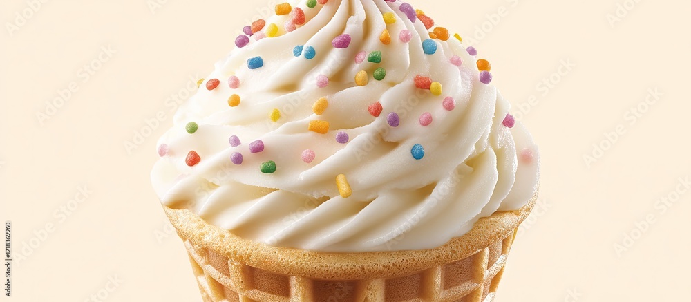 Aufkleber delightful vanilla ice cream swirled in a waffle cone topped with vibrant sprinkles against a soft b