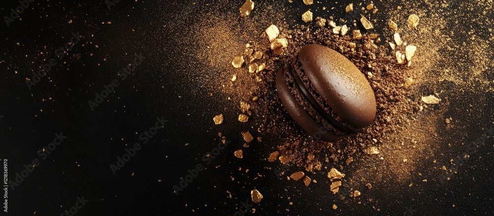 Poster elegant chocolate macaron dusted with gold powder, set against a dark background with scattered coco