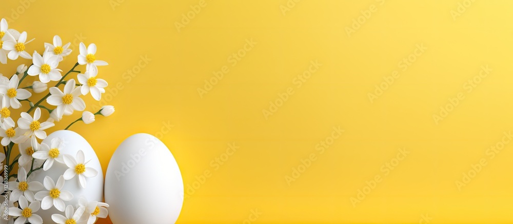 Poster minimalist yellow background featuring a white easter egg with flowers and soft shadows, evoking a c