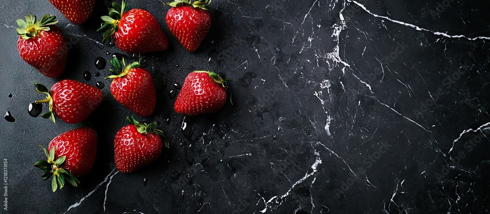Poster vibrant red strawberries scattered on a dark marble surface with water droplets enhancing textures a
