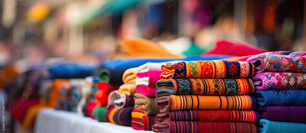 Poster Colorful ethnic blankets and hammocks with intricate Aztec patterns neatly arranged on display at a vibrant street market with soft natural light.