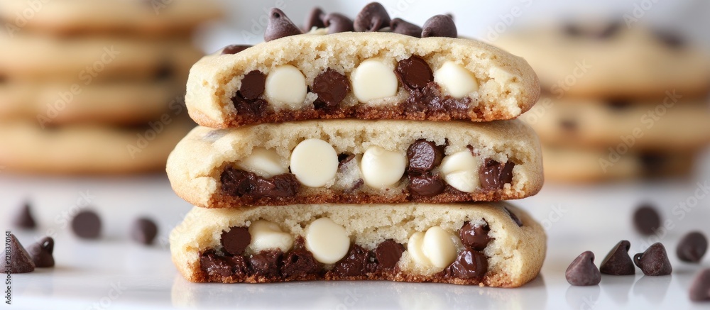 Poster luscious stack of golden vanilla chocolate chip cookies with vibrant chocolate chips layered in a fr