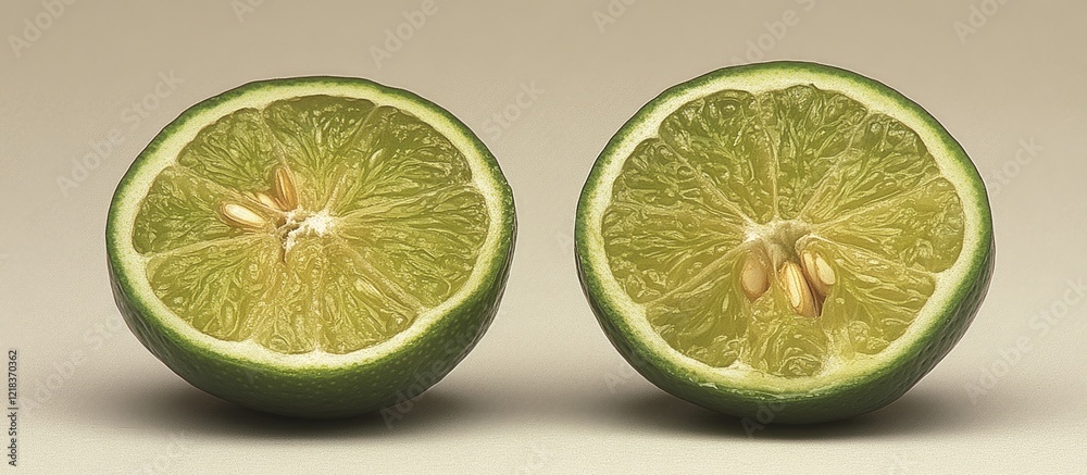 Poster sliced vibrant green limes showcasing their juicy pulp and textured inner surface with seeds placed 