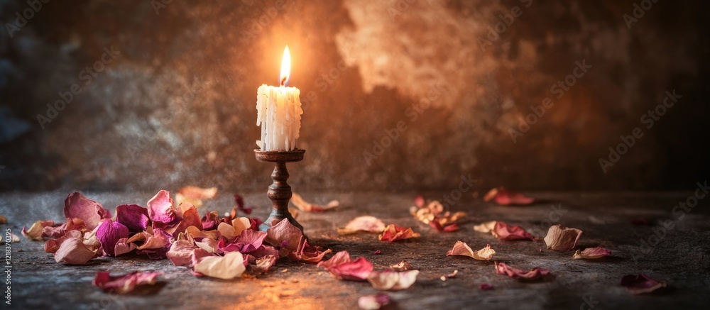Aufkleber dried rose petals scattered around a lit candlestick on a dark textured background creating a warm, 