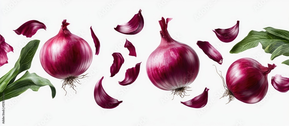 Aufkleber red onions and leaves floating against a transparent backdrop featuring vibrant purple and green ton