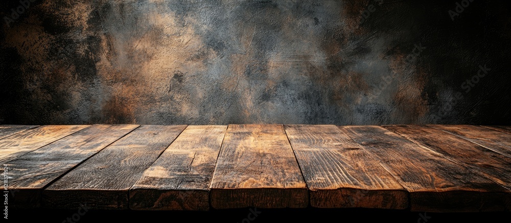 Poster cozy wooden table in foreground with dark textured wall background warm earthy tones create inviting