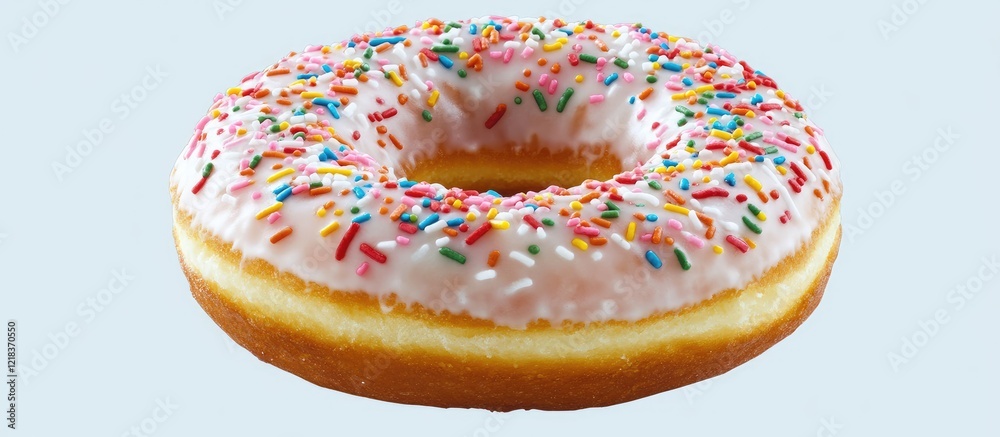 Aufkleber vibrant pink frosted doughnut adorned with colorful sprinkles centered against a light blue backgrou