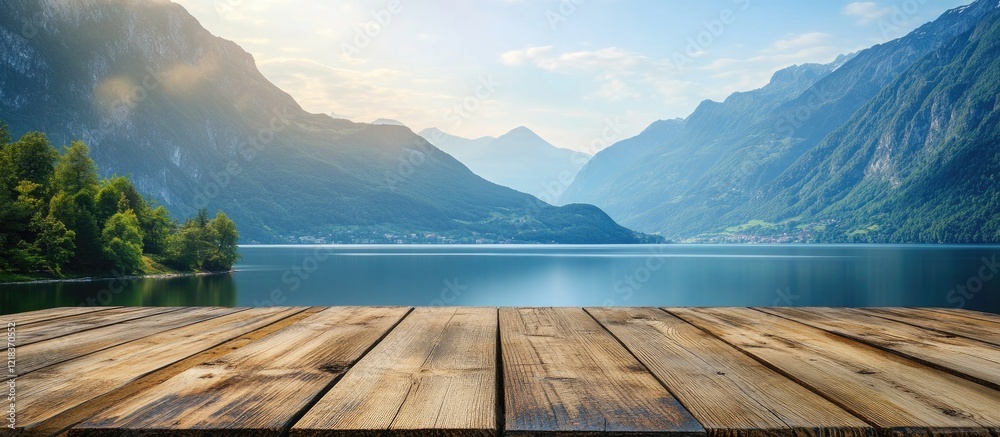 Aufkleber serene wooden table top in foreground with stunning mountain and lake view in background, featuring 