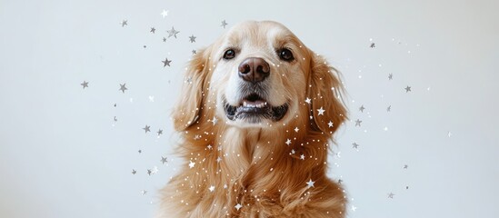 Golden retriever with silver stars floating around its head on white background ideal for zodiac sign promotion or playful advertisement space
