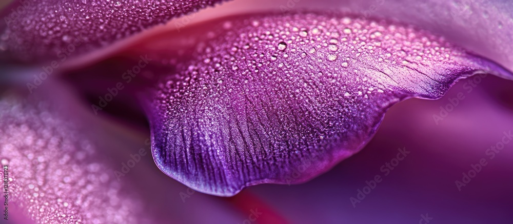 Poster macro shot of a vibrant purple crocus petal with dew drops shimmering, showcasing intricate textures