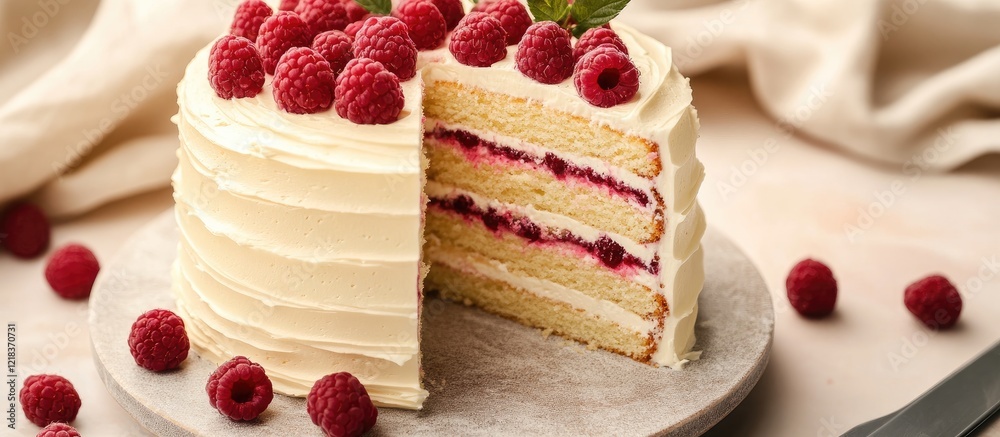 Poster exquisite white raspberry cake with layered sponge and cream frosting, topped with fresh raspberries