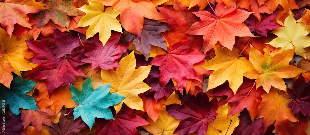 Poster colorful autumn maple leaves in vibrant reds oranges yellows and greens scattered across a textured 