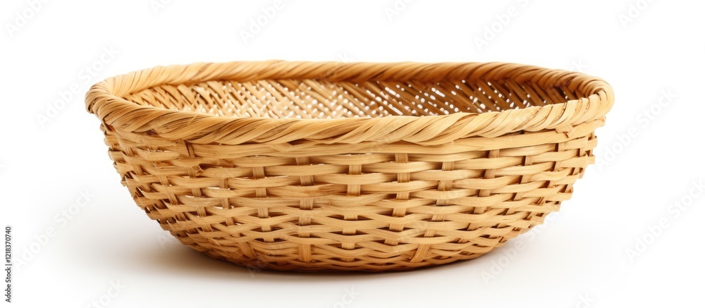 Poster wicker woven bamboo basket showcasing natural golden tones with intricate patterns positioned on a w