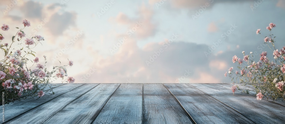 Poster wooden table surface with gray planks and softly blurred sky backdrop adorned with flowers on the si