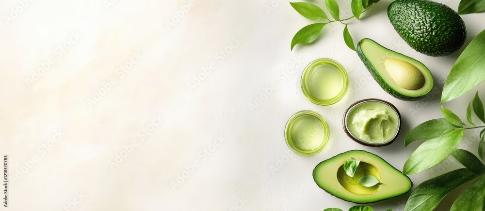 Poster fresh avocados and green leaves arranged artistically on a light beige background with a soft gradie