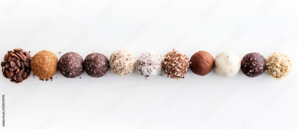 Poster assorted energy balls arranged neatly on a white wooden background showcasing various textures and c