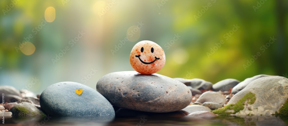 Leinwandbilder smiling orange stone on a smooth rock amidst green blurred nature background with soft sunlight crea