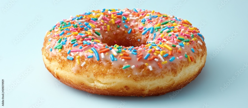 Poster vibrant pink frosted doughnut topped with colorful sprinkles positioned centrally against a soft lig