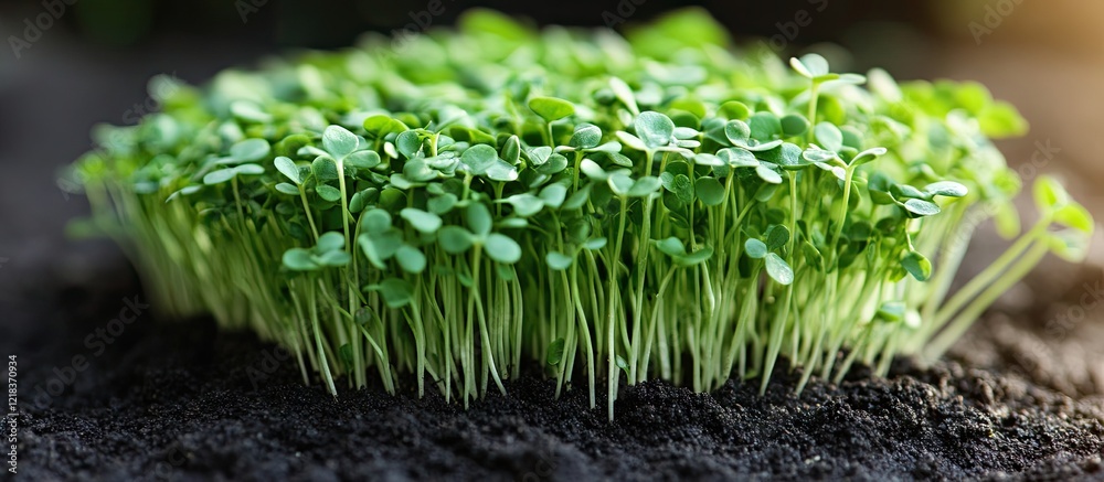 Poster vibrant green alfalfa sprouts emerging from rich dark soil in a clustered arrangement symbolizing he