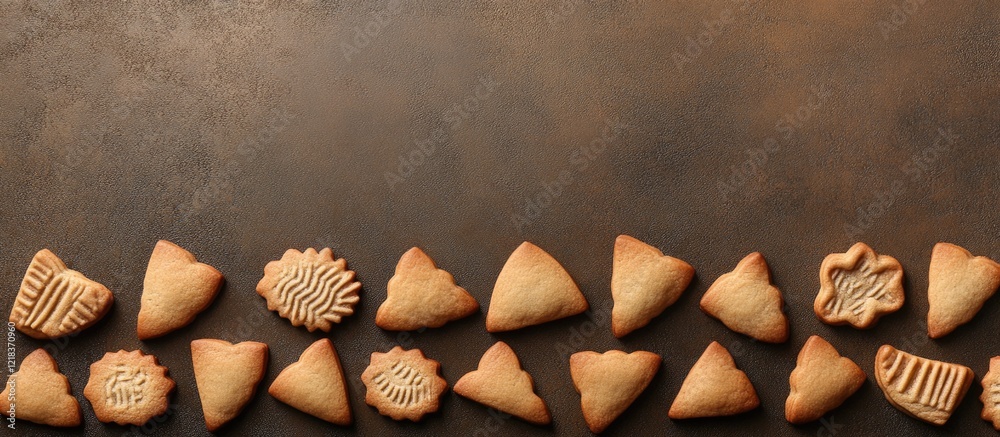 Poster Festive brown backdrop with a linear arrangement of uniquely shaped holiday cookies, creating a warm and inviting bakery theme with ample copy space.