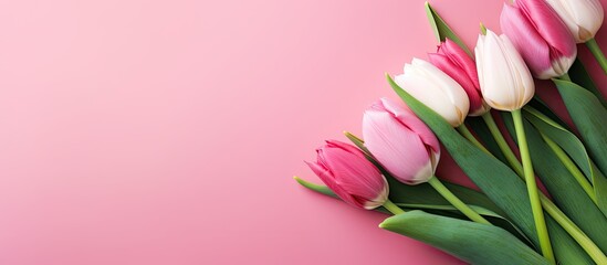 Obraz premium Easter themed tulip flowers in shades of pink and white arranged on a soft pink background with ample copy space for text on the right side.