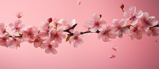 Fototapeta premium Pink quince blossoms delicately floating against a soft pink background with scattered petals creating a serene spring atmosphere high resolution image