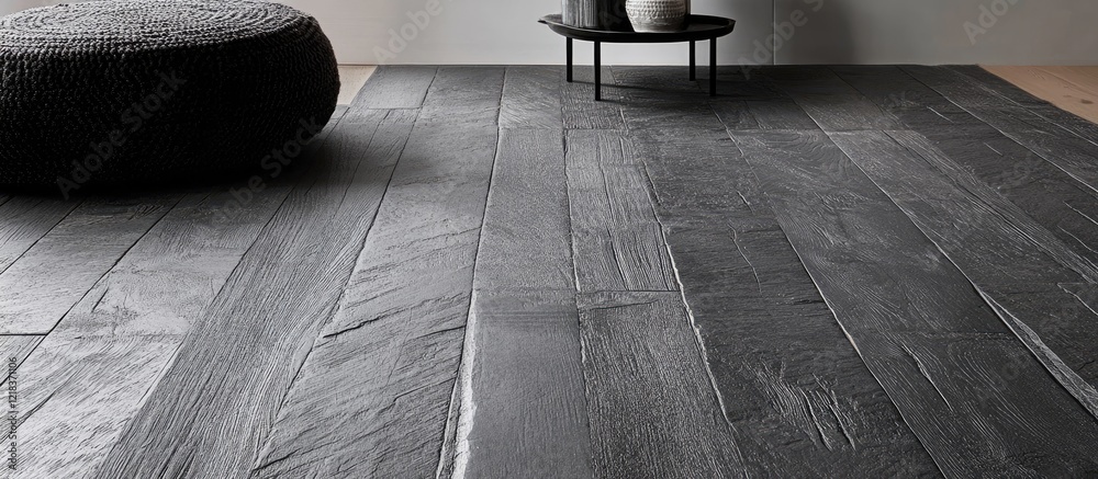 Poster dark grey distressed wood floor with unique texture, featuring a soft round black stool and a minima