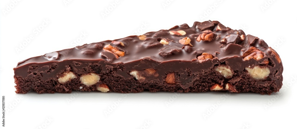 Poster decadent chocolate cake slice topped with crunchy nuts set against a clean white background highligh