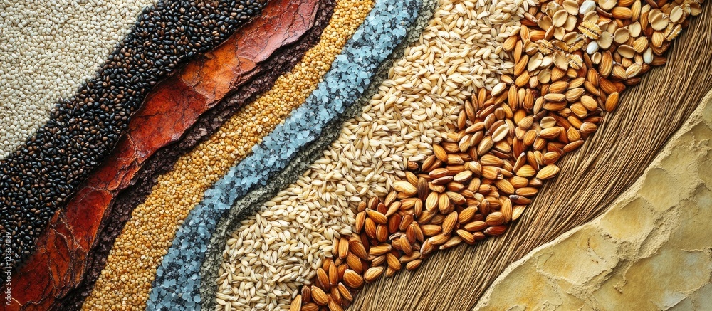 Aufkleber top view display of diverse grains including rice, wheat, and oats arranged in layers showcasing uni