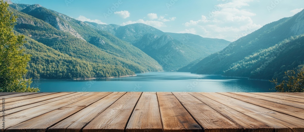 Aufkleber scenic view from empty wooden tabletop featuring serene blue lake and majestic green mountains under