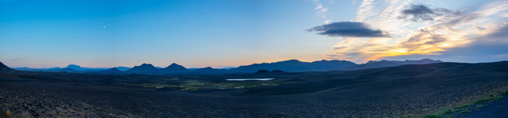 Panorama - sunset at Mödrudalsöaefi at the highlands of Iceland, with the tuya volcano Herdubreid in the background